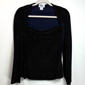 (N3) J.B.S. Vintage Gold Polka Dot Blouse in Black, Velvet Evening Top, Size 14